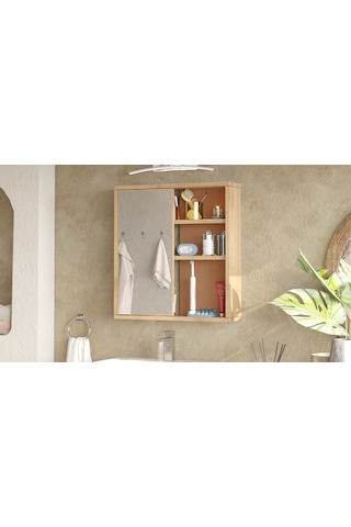 Aqua Aynalı Lavabo Üstü Banyo Dolabı Raflı Kapaklı 60cm Kiremit Kahverengi