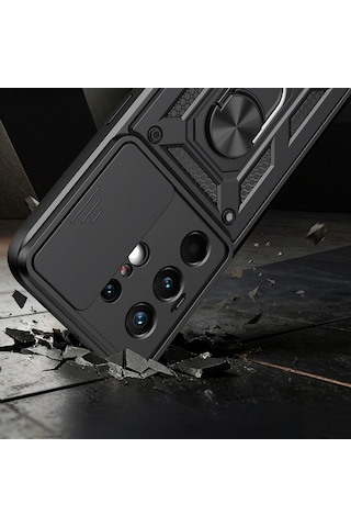 Maks Technology Tecno Camon 50 Pro Kılıf Magnetik Standlı Kamera Korumalı Mkst Sürgülü Vega Kapak - Siyah