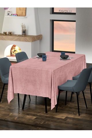 Kadife Dokulu Açık Pembe Renk Masa Örtüsü Açık Pembe
