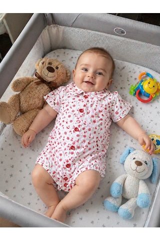 Babyhola Erkek Bebek Çıtçıtlı Gömlek Badi Poplin Kumaş Kısa Kollu Şık Tulum Çapa Detaylı 3503 Kırmızı