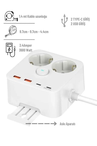 3680w 2'li Priz, 2 Usb Ve 2 Type-c Portlu, 1.4m Kablo, 3.4a Çıkış