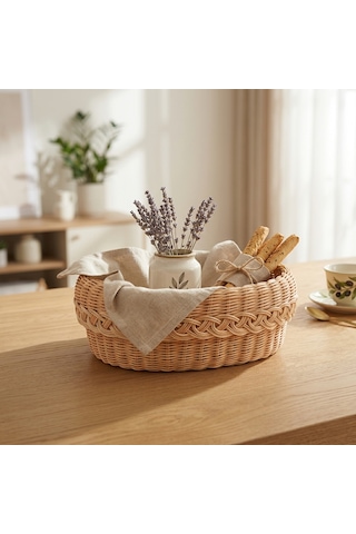 Handanrattan Ahşap Tabanlı El Örgüsü Rattan Düzenleyici Sepet - Oval Dekoratif Organizer Acı Kahve - Hasır Kahve