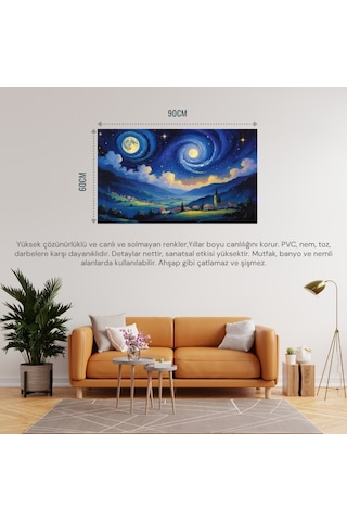 Doğa Ve Manzara Yatay Sessiz Bir Köyün Üzerinde Yıldızlı Gece Parlayan Ay 08 Çerçevesiz 90x60cm Pvc Tablo