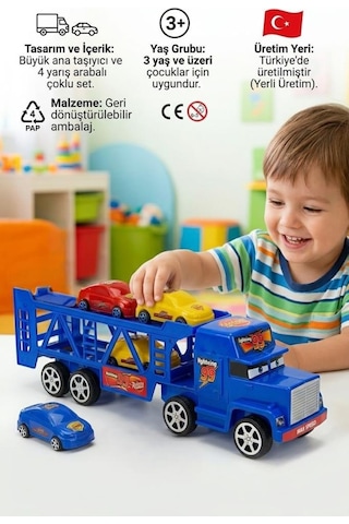 Taşıyıcı Katlı Tır Ve Yarış Arabaları Seti - 40 Cm Büyük Kargo Çekici Oyuncak Tır