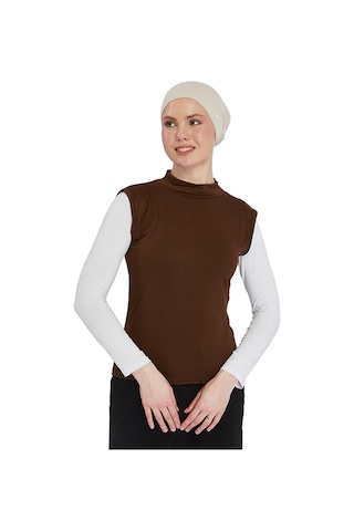 Organik Kolsuz Balıkçı Yaka Likralı Kadın Sıfır Kol Body Çikolata