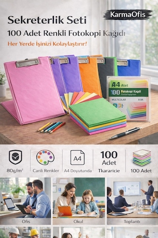 Yeşil Sekreterlik Seti + 100 Adet Renkli A4 Fotokopi Kağıdı Dayanıklı Kapak, Çok Amaçlı Kullanım
