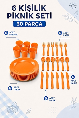 32 Parça Piknik Seti Tabak Bardak Çatal Kaşık Bıçak Kamp Mutfak Seti Turuncu