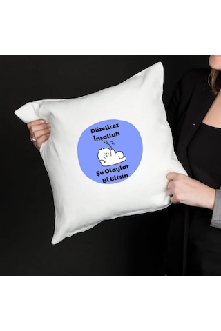 Saten Yastık Kılıfı 50x50 Cm Düzelicez İnşallah Baskılı Dekoratif Kırlent Kılıfı İçi Boş Beyaz