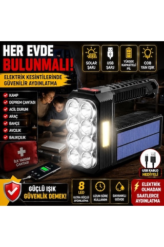 Güneş Enerjili Kamp Lambası 8'li Ultra Güçlü Led Yan Işık Usb Solar Kamp Balıkçılık Acil Durum Fener Siyah