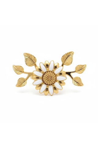 6 Lı Gold Kaplama Beyaz Mineli Yapraklı Papatya Peçete Halkası Seti Altın