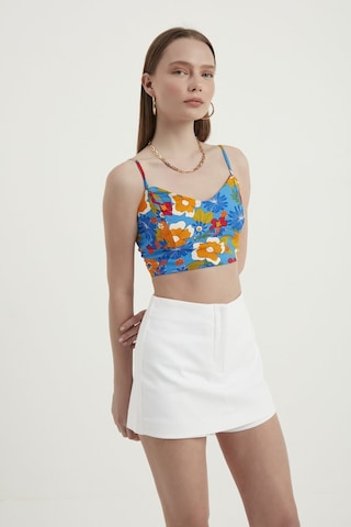 Hiccup Çiçek Desenli Sweetheart Yaka Kolsuz Crop Top Mavi