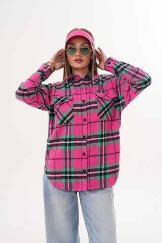 Kadın Desen Bloklu Oduncu Oversize Bol Ve Geniş Kalıp Casual Cepli Yakalı Ceket Gömlek Pembe