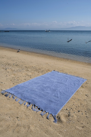 Coastline Mavi Çift Tarafı Bukle 100x180 Cm Boyasız %100 Organik Pamuk Saçaklı Plaj Havlusu MAvi