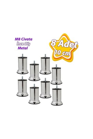 8 Adet Metal Destek Ayağı 10 Cm Krom Mobilya Kanepe Baza Koltuk Ünite Ayakları Metrik 8 Civatalı İnce Diş