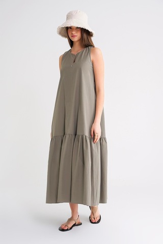 4695 Kadın Eteği Pileli Fermuar Detaylı Uzun Paraşüt Elbise Haki Haki