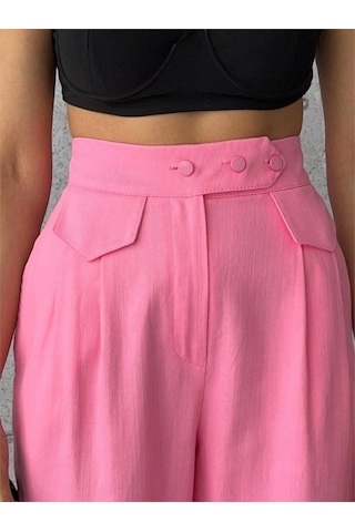 Defymoda Pantolon Kapalı Cep 3 Düğme Detaylı - Pembe Pembe