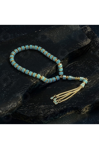925 Ayar Gümüş Altın Kaplama Turkuaz Firuze Taşlı Tesbih