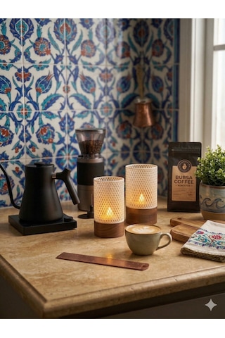 2'li Modern Kafes Tasarımlı Led Talight Kahve Köşesi Şamdan Mumluk Modern Masaüstü & Ambiyans Işığı Beyaz