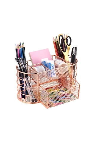 Temel Rose Gold Metal Mesh Masaüstü Organizer Çekmeceli Çok Bölmeli 22x11x11 Cm 9507r