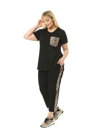 Melsay Butik Siyah Leopar Cep Büyük Beden Kadın Kapri Takımı Siyah