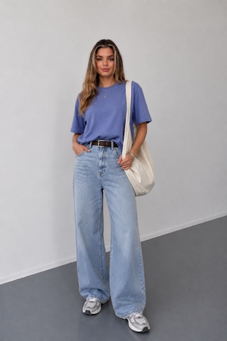Stilera Kadın Oversize Basic Kısa Kollu Bisiklet Yaka Düz Tişört İndigo