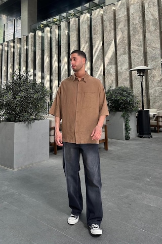Kahverengi Keten Ön Cep Detay L7 Bs Oversize Gömlek Kahverengi