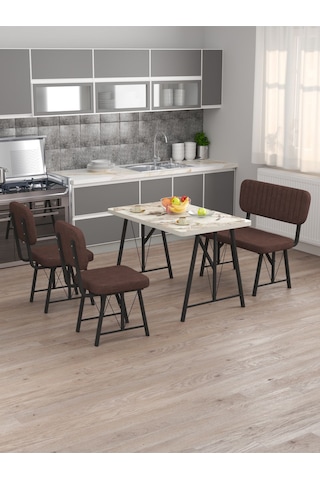 Mygusi Hayat 2 Sandalyeli 1 Bench Mutfak Masa Takımı Mermer Efes Kahve