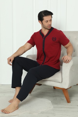 Wordex Falkom 8180 Pamuklu Penye Erkek Düğmeli Kısa Kollu Pijama Takımı Bordo