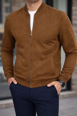 Defymoda Erkek Uzun Kollu Önden Fermuarlı Süet Ceket Kahve