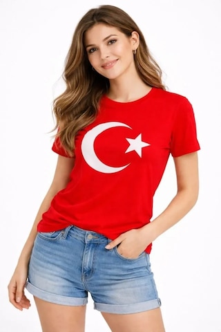 Dogutrend T-shirt Kısa Kol Bisiklet Yaka Ay Yıldız Bayrak Baskılı Tişört - Kırmızı