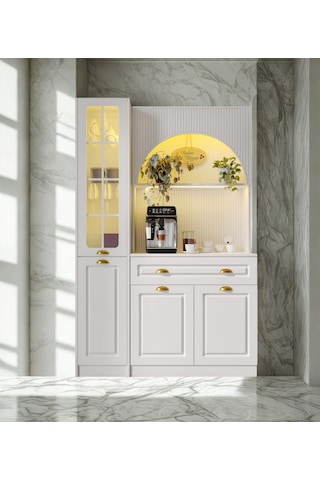 Lureo Nera Arch Sol Vitrinli Kahve Köşesi Led Aydınlatmalı, Komple Mdf Premium Kahve Ünitesi Beyaz