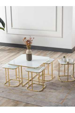 Pelikan 4+1 Beyaz Temperli Cam Gold Metal Ayak Takım Sehpa Sedaş Living Units Sehpa