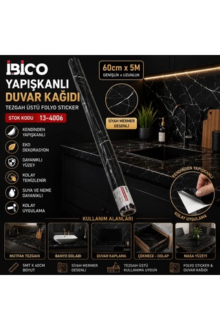 Jenerik Siyah Mermer Desenli Kendinden Yapışkanlı Folyo Sticker 5m X 60cm