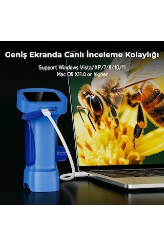 395 Mavi Taşınabilir Dijital Çocuk Mikroskobu - 2.4 İnç Ips Ekranlı, 1080p Full Hd, 1000x Zoom, 8 Led Işıklı Eğitici Bilim Kiti