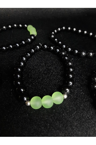 Mryart Doğal Görünümlü Siyah & Yeşil Cam Boncuklu El Yapımı Bileklik - Unisex Siyah - Yeşil