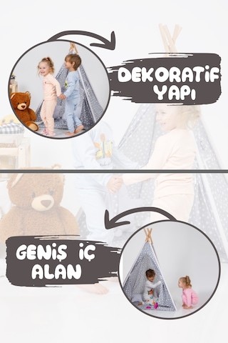 Çocuk Kızılderili Ahşap Direkli Geniş Oyun Çadırı Ve Minderli Ev & Bahçe Oyun Alanı Minderli 001