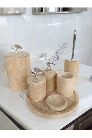 Sarı Traverten Klasik Model 7 Parça Gümüş Renk Japon Gülü Aksesuarlı Banyo Seti Sarı Traverten