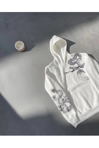 Valensdesign Uzun Kol Kapşonlu Baskılı Sweatshirt - Beyaz