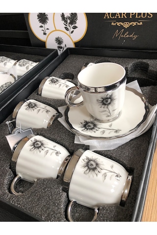 Acar Melody 6 Kişilik Porselen Kahve Fincanı Takımı 90 Ml 5142 Silver Model-2 Beyaz - Gümüş