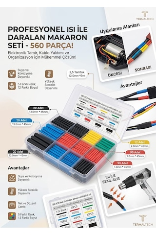 Termaltech 560 Parça Isı Ile Daralan Makaron Seti - Kablo Yalıtım Ve Tamir Kiti 5 Renk / 12 Boyut