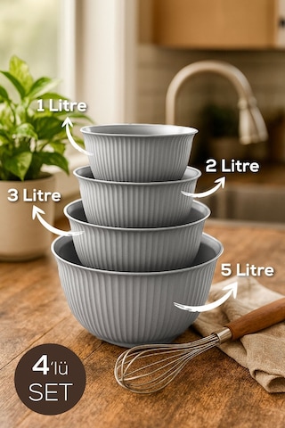 4'lü Mega Boy Plastik Karıştırma Ve Saklama Kase Seti 1l, 2l, 3l, 5l Gri Gri