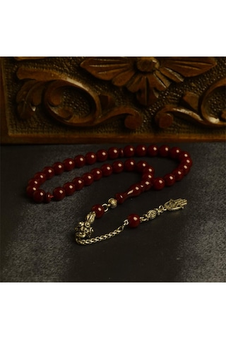 Küre Kesim 9x8 Mm Sıkma Kehribar Alpaka Püsküllü Tesbih Bordo
