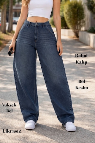 Cedy Denim Cedy Denım Yüksek Kalite Kadın Yüksek Bel Baggy Skater Jean Koyu Mavi