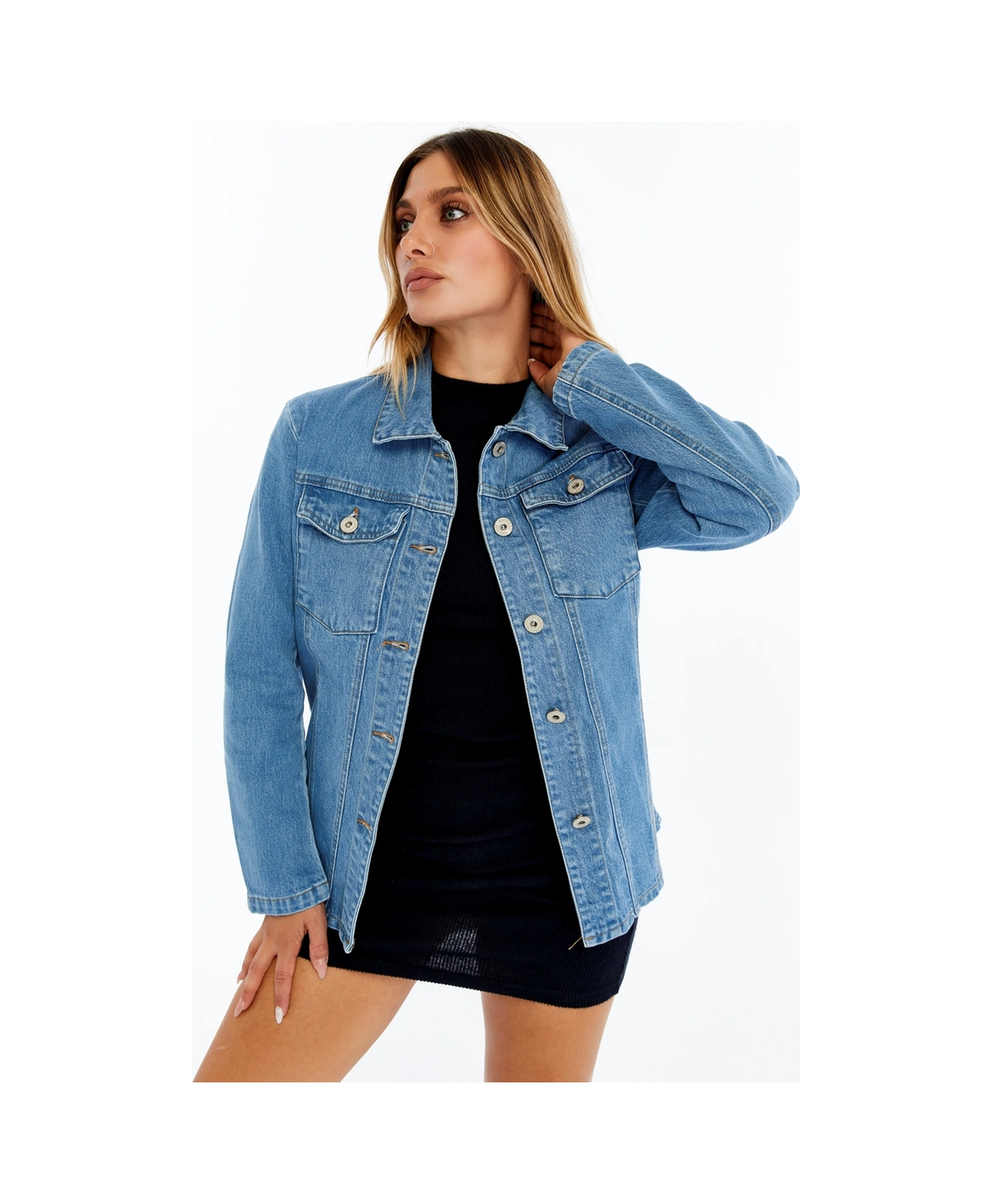 Kadın Denim Ceket Uzun Kollu Jean Ceket, Şık Ve Günlük Kombin Açık Mavi