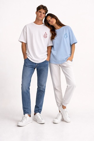 Sevgili Kombini Ateş Su Minimal Çift Tişört Oversize Unisex Partn Mavi