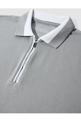 Tudors Erkek Slim Fit Dar Kesim %100 Pamuk Düz Pike Fermuarlı Gri Polo Yaka Tişört-31108-gri Gri