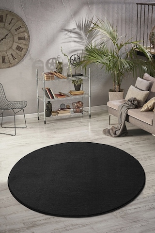 Vl Comfort Puffy Ponpon Saçak Peluş Yıkanabilir Siyah Yolluk Siyah Overloklu Yuvarlak