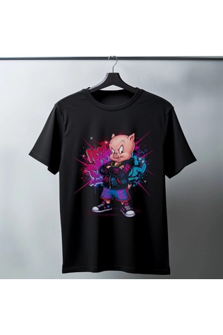 Freedom Store Porky Pig Graffiti Baskılı Unisex Siyah Oversize Tişört - 24/1 Penye