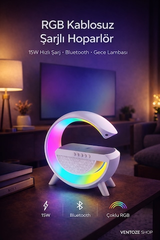 Kablosuz Işıklı Hoparlörlü Şarj Standı Gece Lambası Kablosuz Şarj Ve Bluetooth Hoparlör Bir Arada
