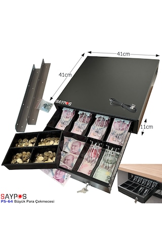 6 Banknot Gözlü Masa Altı Montaj Askılı, Pos Bağlantılı, Anahtardan Açılır Para Çekmecesi 41x41x11cm